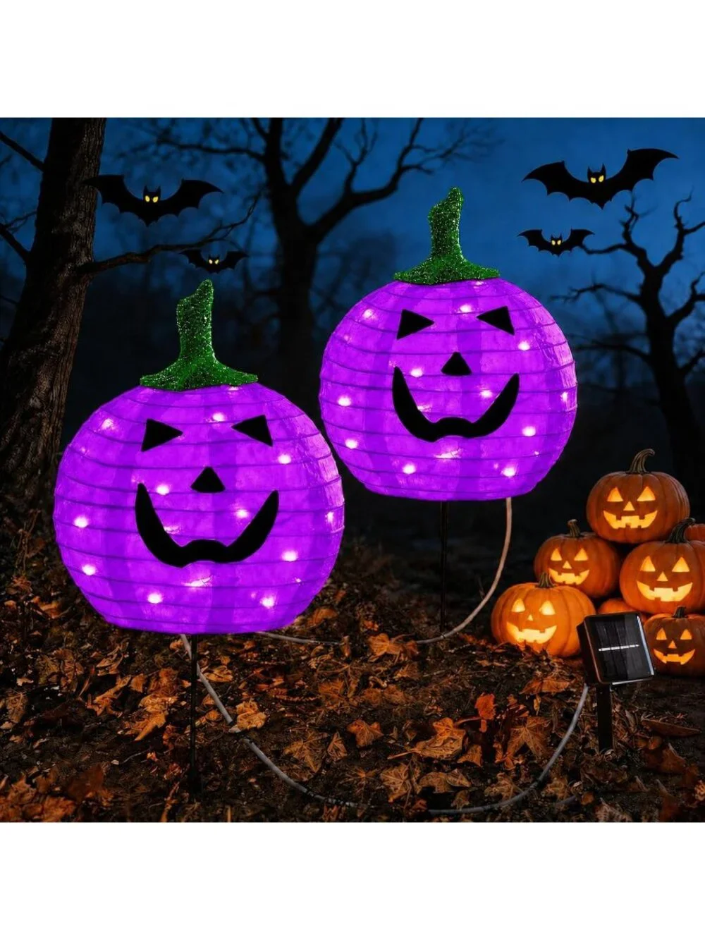 2 Pack Solar Halloween Purple Pumpkin Pathway Stake Lights Outdoor Weather